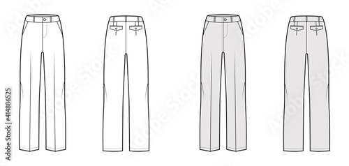 Pants tailored technical fashion illustration with low waist, rise, full length, slant pockets, belt loops. Flat bottom trousers apparel template front, back, white grey color. Men unisex CAD mockup