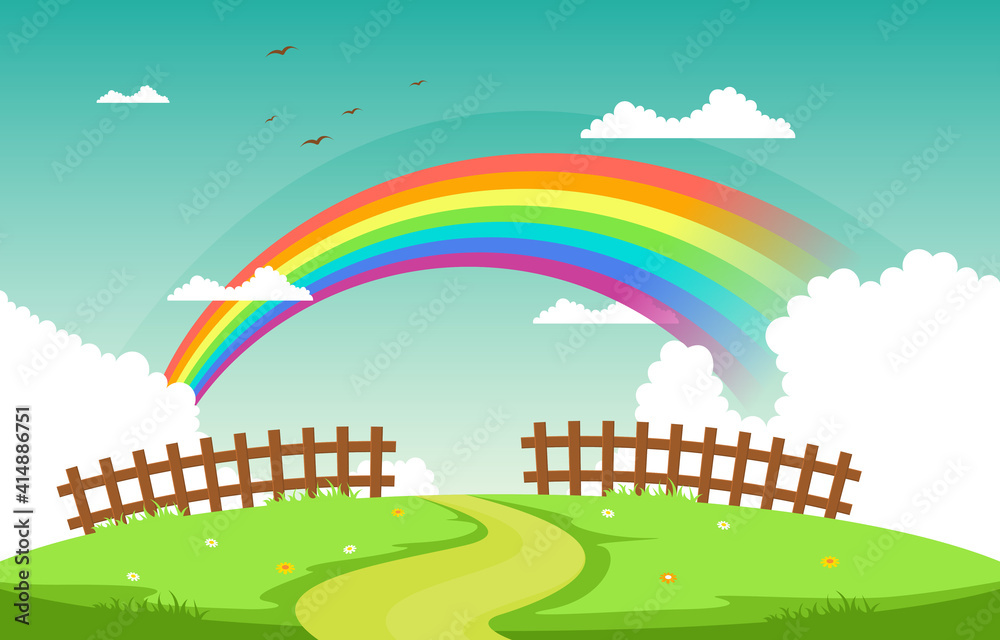 Winding Road Rainbow Nature Landscape Scenery Illustration