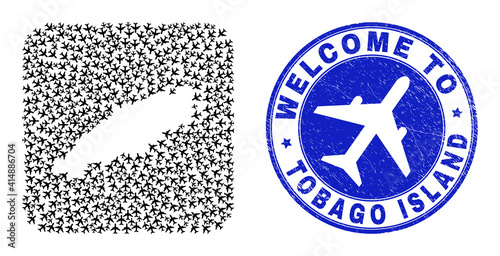 Vector mosaic Tobago Island map of airport items and grunge Welcome seal. Mosaic geographic Tobago Island map designed as carved shape from rounded square shape with airlines.