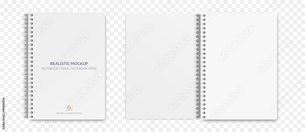 Realistic notebook mockup, notepad with blank cover and spread for your design. Realistic copybook with shadows isolated on transparent background. Vector illustration EPS10.