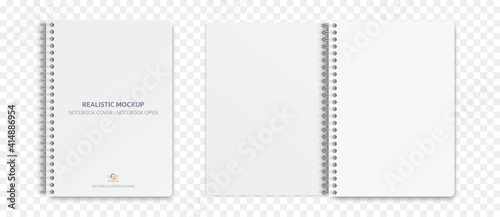 Realistic notebook mockup, notepad with blank cover and spread for your design. Realistic copybook with shadows isolated on transparent background. Vector illustration EPS10.