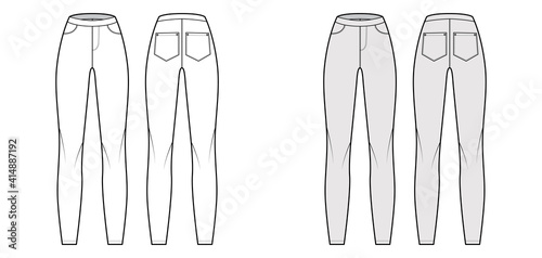 Jeggings technical fashion illustration with normal waist, high rise, full length, angled pockets. Flat casual Pants bottom trousers template front, back, white grey color. Women men unisex CAD mockup