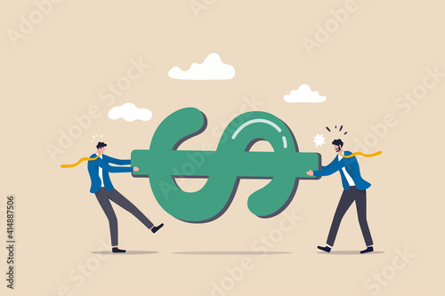 Fight for money, tug of war, business competition fight for market share or work conflict concept, greedy businessmen company owner or worker pulling tug of war money dollar sign with full effort. photo