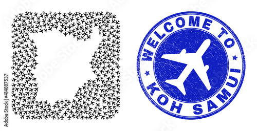Vector collage Koh Samui map of aircraft items and grunge Welcome stamp. Collage geographic Koh Samui map created as carved shape from rounded square shape using air trips.