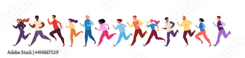 Marathon Race. Running Men and Women in Tracksuits. Colored Isolated Trendy Characters Sportsmen. Vector Flat Cartoon Illustration.