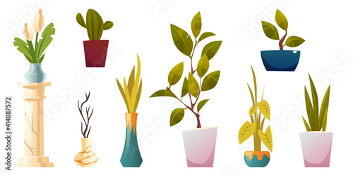 Plants in pots and vases for house or office interior isolated on white background. Vector cartoon set of green potted houseplants, trees and flowers. Home garden with ficus, cactus and calla