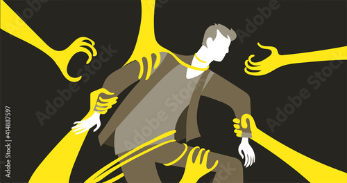 Vector illustration. Psychology of Personality. The man is captured by giant arms, tentacles. The concept of the development of a person's mental activity, his fears, dependence, manipulation, pressur