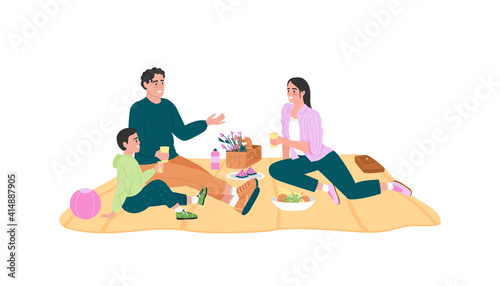 Happy caucasian family on picnic flat color vector detailed characters. Parents with kid sitting on blanket. Spring recreation isolated cartoon illustration for web graphic design and animation