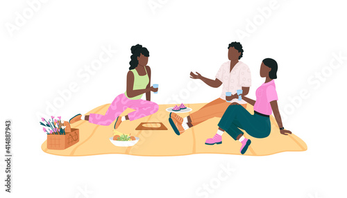 African american friend group on picnic flat color vector faceless characters. Outdoor spring recreational activity isolated cartoon illustration for web graphic design and animation