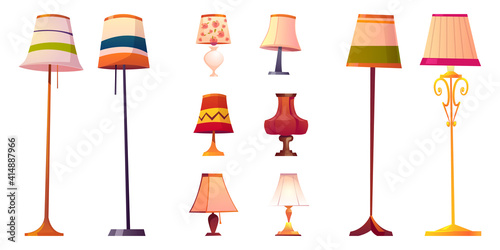 Set of cartoon lamps, floor and table torcheres with different lampshades on long and short stands. Design element for home illumination and decor isolated on white background, vector illustration