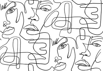 Glasbilder Sammlungen Abstraktes nahtloses Linienmuster. Kontinuierlicher Umrisshintergrund mit weiblichen Gesichtern. Ästhetische Kontur der modernen Frau. Modedruck. Surreale Textur.  © yana2607