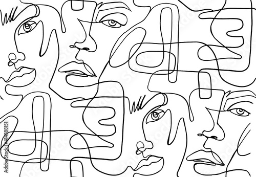 Abstract one line seamless pattern. Continuous Outline background with female faces. Modern Woman aesthetic contour. Fashion print. Surreal texture.