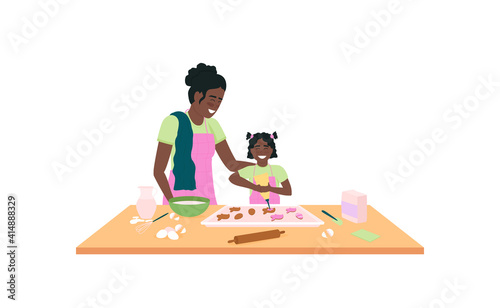 African american mother and daughter baking easter cookies flat color vector detailed character. Parent with offspring. Happy family isolated cartoon illustration for web graphic design and animation