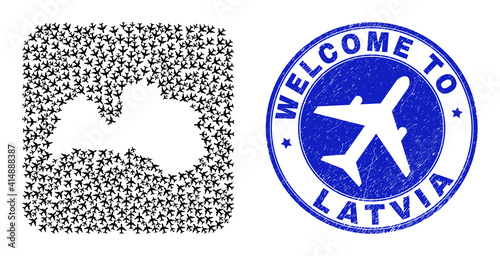 Vector mosaic Latvia map of airways elements and grunge Welcome badge. Collage geographic Latvia map constructed as carved shape from rounded square with air tourism.