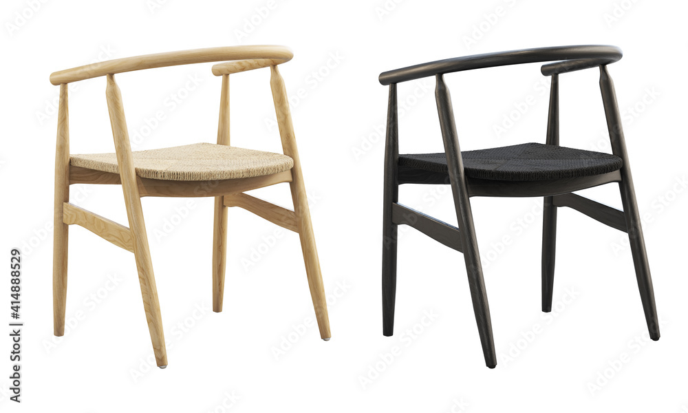 Mid-century wooden dining chairs with woven rope seat. 3d render. Mid-century wooden dining chairs with woven rope seat. 3d render.