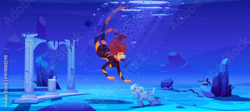 Woman scuba diver with mask and sunken ancient city under water in sea or ocean. Vector cartoon illustration of underwater landscape with ruins, stones, fishes and girl in diving suit with aqualung