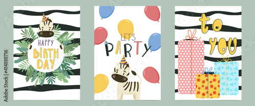Set of happy birthday cards with a cute zebra, balloons, gift boxes, tropical leaves and greeting inscriptions. Vector illustration.