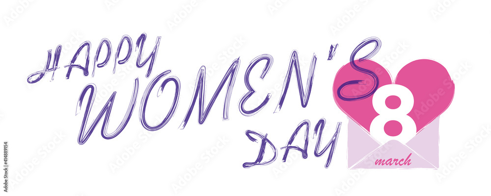 Obraz premium Handwritten happy women's day. 8 March International Women's Day design in pink and purple colors on a white background. Number 8 comes out of the letter with heart. Modern banner design.