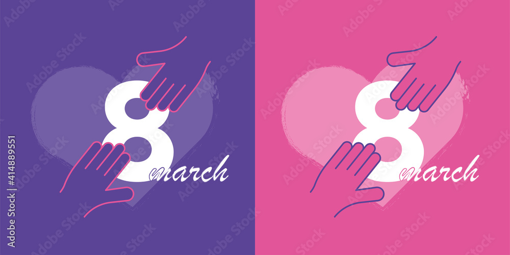 Obraz premium 8 march icon and logo design set. Set of 8 march international women's day design logo in pink and purple colors. Heart and hands touching the number 8. Modern banner design.