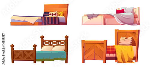 Wooden beds with blanket and pillows isolated on white background. Vector cartoon set of single and double beds, vintage wood furniture for sleep with colored linen, duvet and cushions