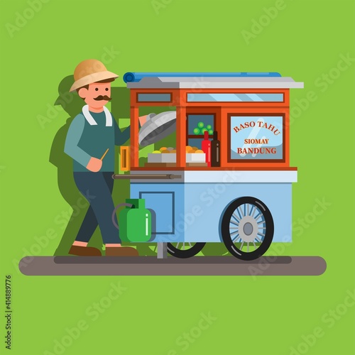Tukang baso tahu gerobak is man selling indonesian traditional street food in stall. concept in cartoon illustration vector