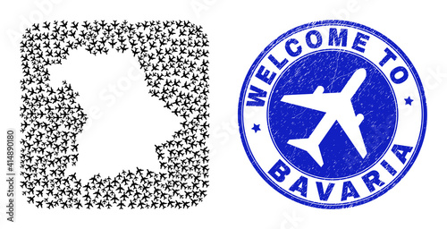Vector mosaic Bavaria Land map of aircraft items and grunge Welcome seal stamp. Mosaic geographic Bavaria Land map designed as subtraction from rounded square shape using airplanes.