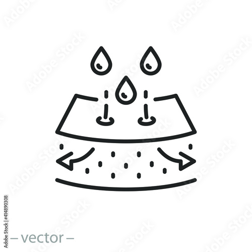 moisture absorption skin icon, skincare cosmetic, nutritious moist layer, soft care process, lotion or gel, water drop penetration across pores, thin line web symbol, editable stroke vector 