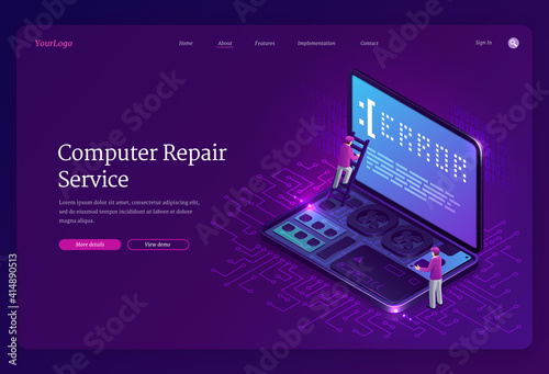 Computer repair service isometric landing page, tiny workers with ladder climb at huge laptop with error notification on screen, pc fixing, broken electronics device maintenance 3d vector web banner