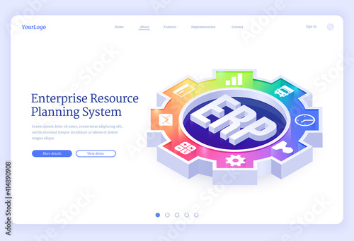 ERP, enterprise resource planning isometric landing page. Productivity and improvement system development, business integration, strategy, office icons on huge cogwheel or gear 3d vector web banner