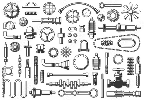 Machine parts vector icons chain, pipe and coupling, gear or pinion. Monochrome clamp, nut, crankshaft and timing belt with steering screw, hose and funnel. Isolated pressure gauge and spring set