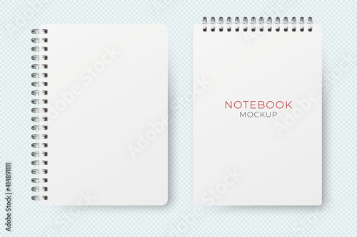 Realistic vector opened notebook mockup. Vertical blank copybook. Spiral notepad blank mockup A4.