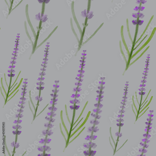 Watercolor lavender seamless pattern on gray background. print, linen, bedding, packaging, wallpaper, textile, kitchen, utensil design
