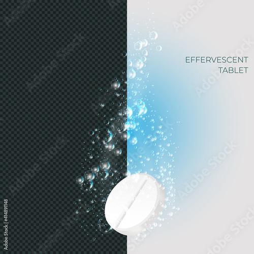 Tablet with bubbles. Effervescent dissolving aspirin  or vitamin pill in fizzy water.  Pharmacy medicine template. photo