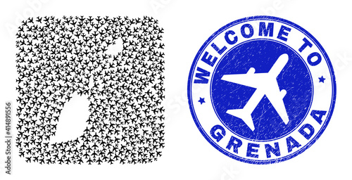 Vector collage Grenada map of tourism items and grunge Welcome seal stamp. Collage geographic Grenada map constructed as stencil from rounded square with air trips.