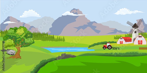 Farm House in village. Landscape farm  rural home  meadow and windmill. Flat and solid color vector illustration