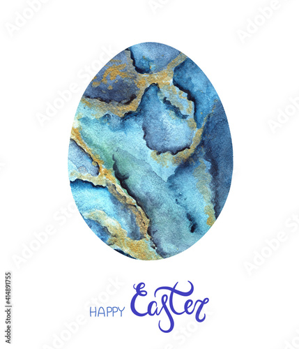 illustration of watercolor Easter eggs on a white background. liquid blue purple marble with gold. lettering happy easter. for design, cards, decorations, banners, wallpapers, booklets
