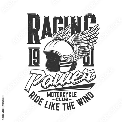 Photo Motorcycle racers club and motor races helmet with wing, retro vector icon