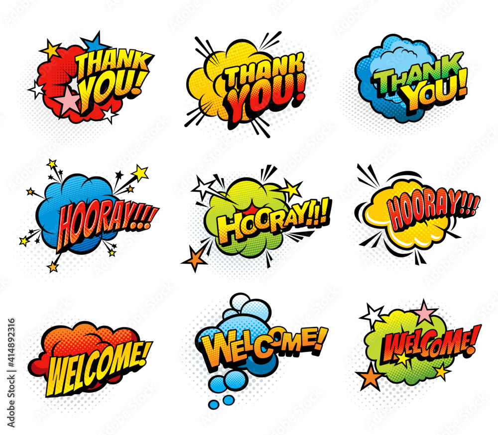 Fototapeta premium Comic retro exclamations and greeting speech clouds. Thank you, hooray and welcome pop art explosion bubbles. Comics blast clouds, icons or vintage stickers with exclamations and expressions