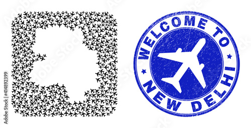 Vector collage New Delhi City map of airline elements and grunge Welcome seal stamp. Collage geographic New Delhi City map designed as subtraction from rounded square shape with airliners.