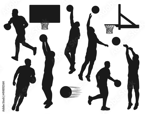 Black silhouettes of basketball sport players throwing balls into nets. Vector sportsmen run and jump during training, sport tournament, playoff game basketball league competition, championship set