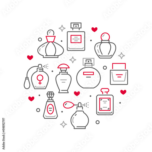 Perfume bottles circle poster with line icons. Vector illustration included icon as glass sprayer, luxury parfum sampler, essential oil, cologne outline pictogram for cosmetic store flyer or brochure