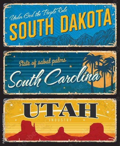 Utah, South Dakota and Carolina states shabby plates. America region retro sign, old plaque with mountain peaks, palm trees and grand canyon, vintage typography vector. USA travel souvenir rusty plate