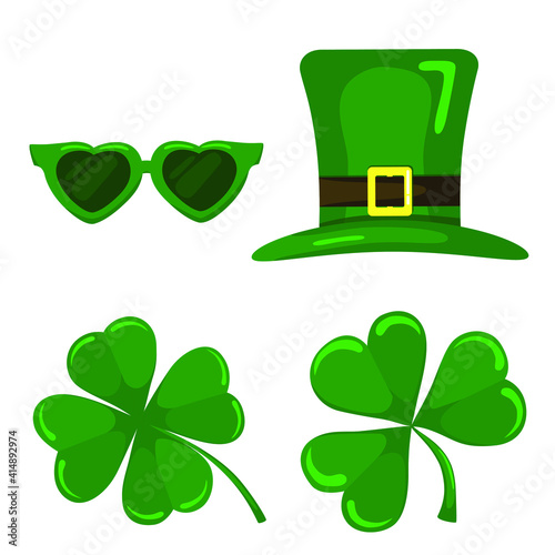 St. Patricks Day. Leprechaun hat, clover and sunglasses. Vector Illustration concept