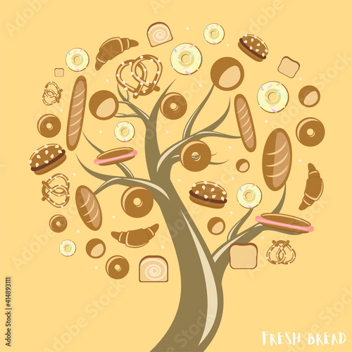 Vector illustration. 
All details on separate layers. Bread tree. Fabulous drawing, many different grow on tree branches. Silhouette of a tree without leaves. Can be used as illustrations in a book, f