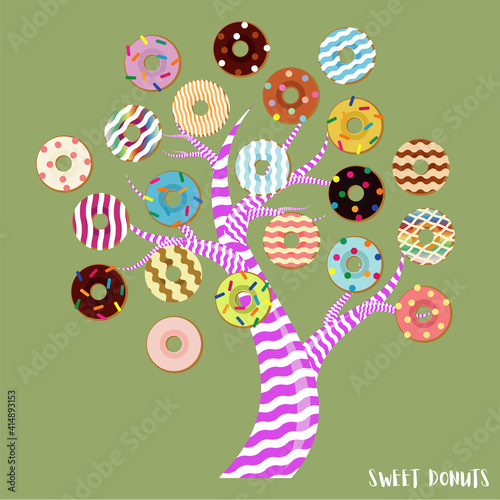 Vector illustration. 
All details on separate layers. Donut tree. Fabulous drawing, donuts grow on tree branches. Silhouette of a tree without leaves. Can be used as illustrations in a book, food adve