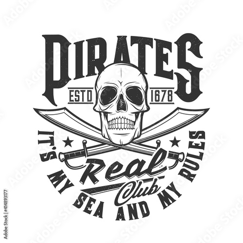 Obraz na plátně Pirate skull and swords t-shirt print, head skeleton flag of club, vector