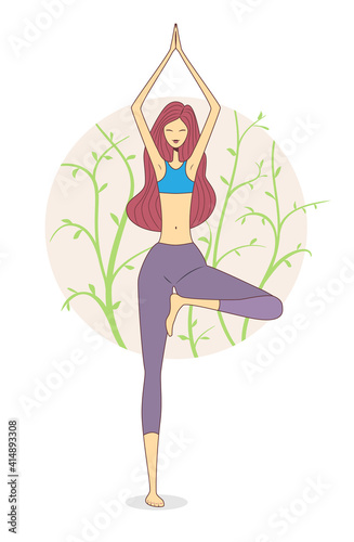 Young woman doing yoga in nature and leaves - vector illustration