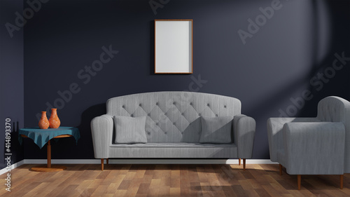 modern living room with sofa, table, vas, portrait frame, and gray wall