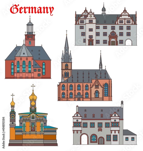 Germany landmarks, travel architecture and Darmstadt buildings, churches and cathedrals. German orthodox St Maria Magdalena kirche, Rathause town hall in Kiedrich and city church of Saint Valentin photo