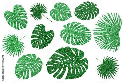 Tropic leaves silhouettes set with glitter texture on white background